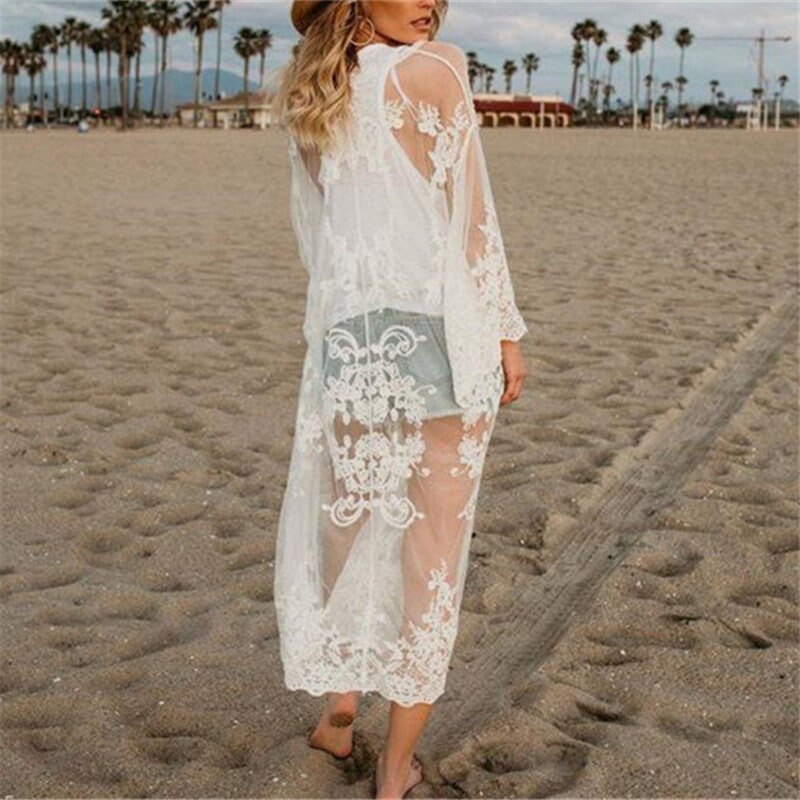 Vestido playero de encaje para mujer, Pareo playero, Túnica de Pareo para Playa, Kimono, traje de baño de encaje para mujer # Q767: 649 White