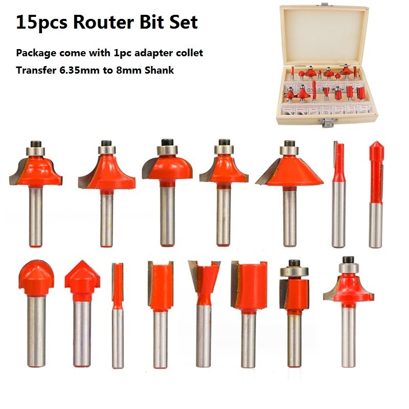 Carbide Router Bit Kit Wood Milling 6 Bearing Tungsten Cutting Router Set Tools 15pc For Woodworking Engraving Slot Trim Cutter: 15pcs Set