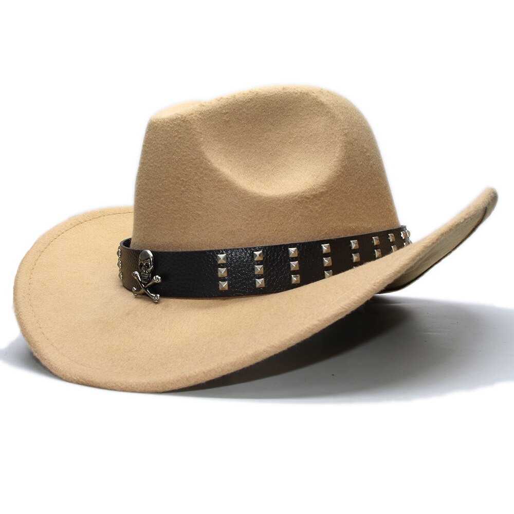 Sombrero de ala ancha de lana para niños, gorra de Fedora, banda de cuero con Calavera, Estilo Vintage Retro, vaquero, Occidental, ajustable, 54cm: Camel