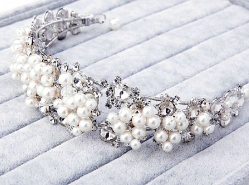 Bridal Princess Rhinestone Pearl Crystal Hair Tiara Wedding Crown Veil Headband Photobooth Props