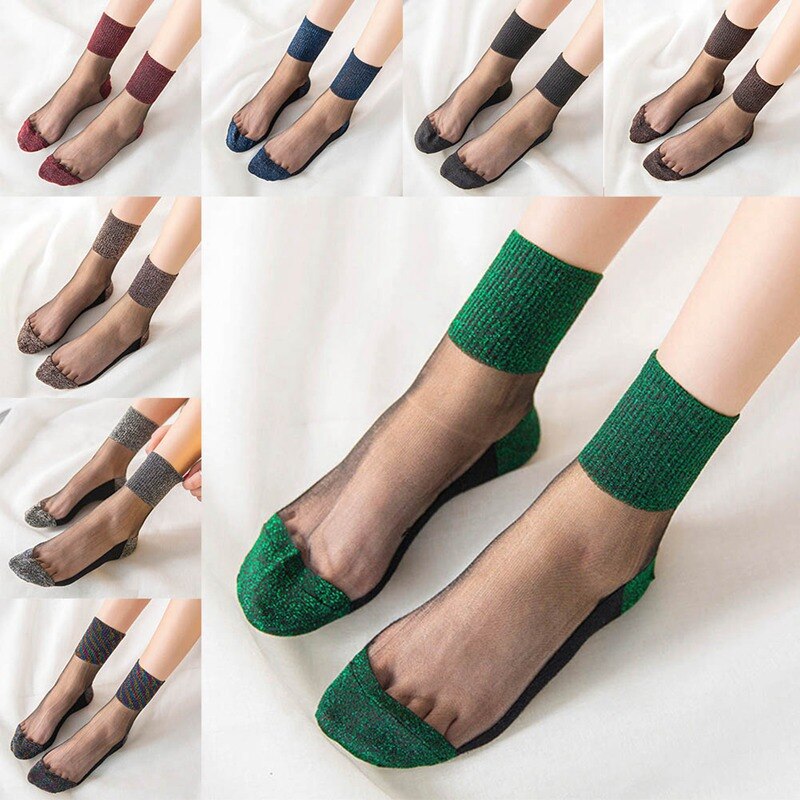 8 Colors Summer Women Ultrathin Transparent Socks Glitter Crystal Glass Silk Meias Beautiful Lace Shiny Elastic Short Socks