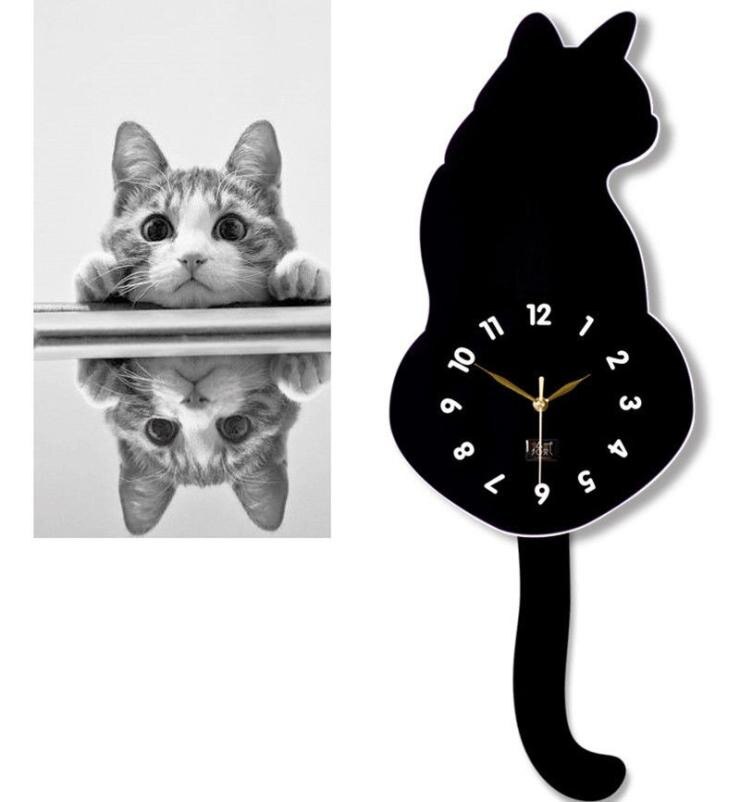 Cute Cat Quartz clocks Pendulum Clock Swinging Tail Wall Clock home Bedroom mirror Wall Quartz Needle Decor Wall Watch Clocks G2: Black A