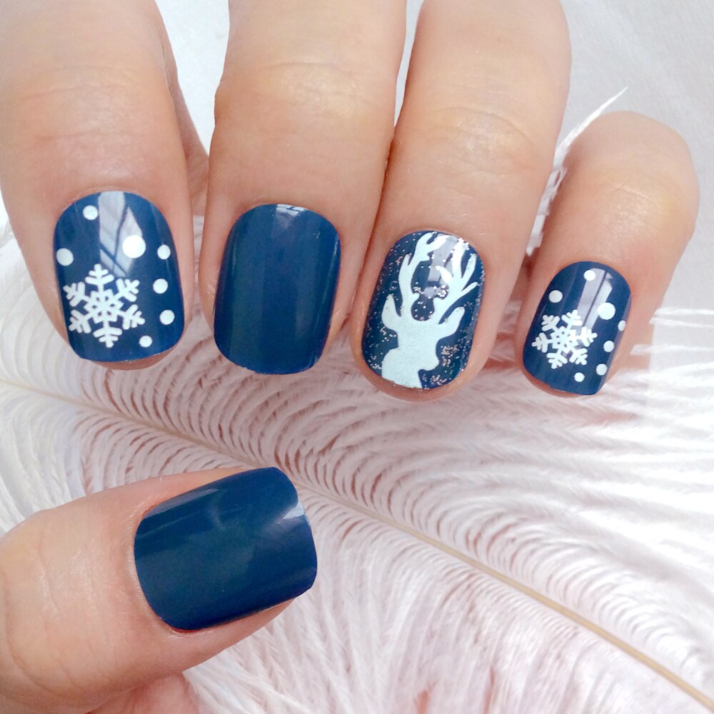 Faux ongles courts artificiels de noël, rouge vin, pour manucure, avec motifs, joli cerf de neige, couverture complète bricolage-même, 24 pièces: Z022