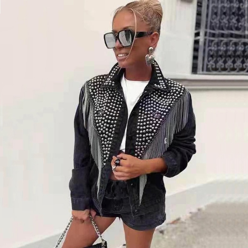 Femmes Denim Jakcet Rivet gland Jean vestes col rabattu simple boutonnage femme manteaux dames Streetwear tendance hauts