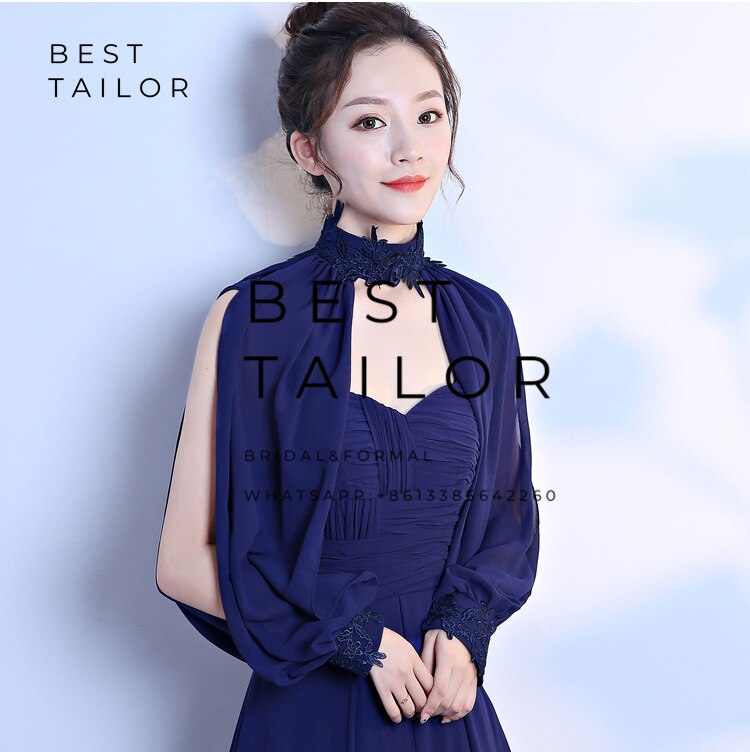 Kleuren beschikbaar! ivoor chiffon bruidsjassen bolero bruidsmeisjesjurken hoge hals split lange mouwen bruiloft accessoires: Donkerblauw