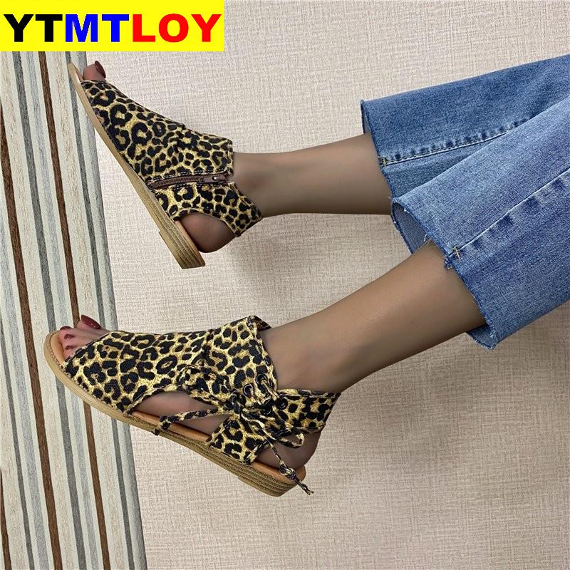 Sandalias Retro de verano para niña, Sandalias planas con punta abierta de leopardo, sandalias de mujer con cremallera para coser, zapatos de playa informales de para uso diario, tallas 37-41 para mujer