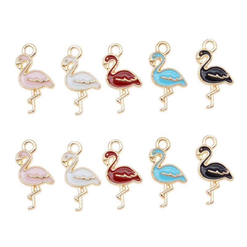 Julie Wang 10PCS Enamel Flamingo Charms Mixed 5 Colors Small Bird Animal Pendants Alloy Gold Tone Jewelry Making Accessory