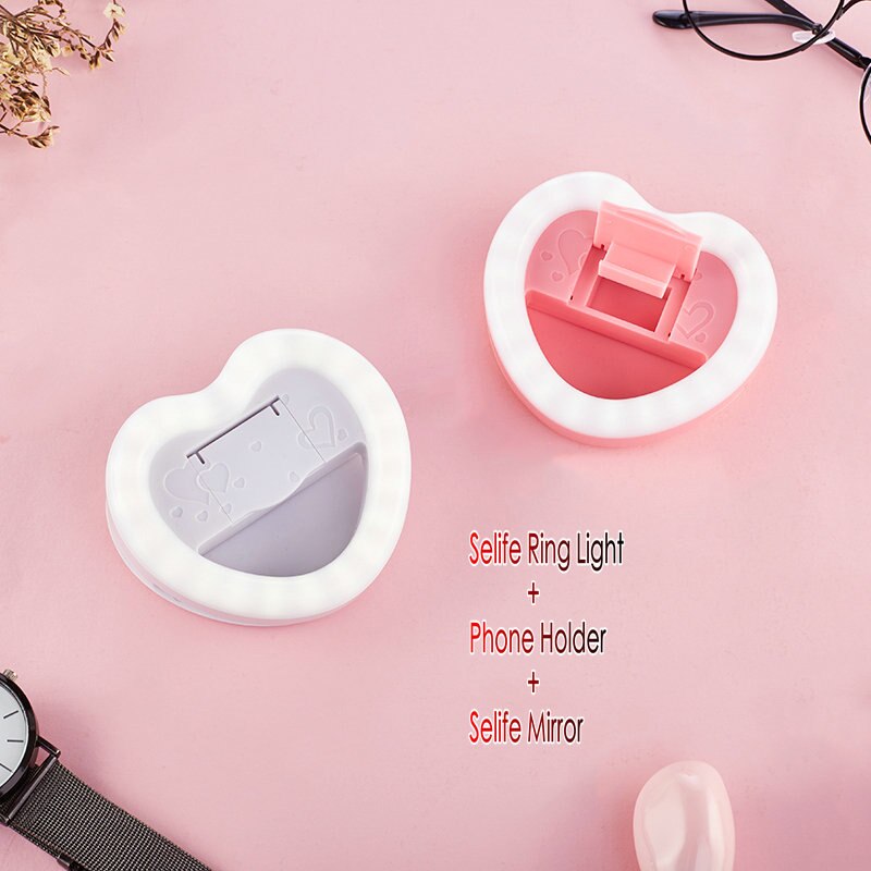 Anillo de luz para Selfie recargable con espejo grande, soporte para teléfono, para IPhone, Smartphone, Huawei, Xiaomi