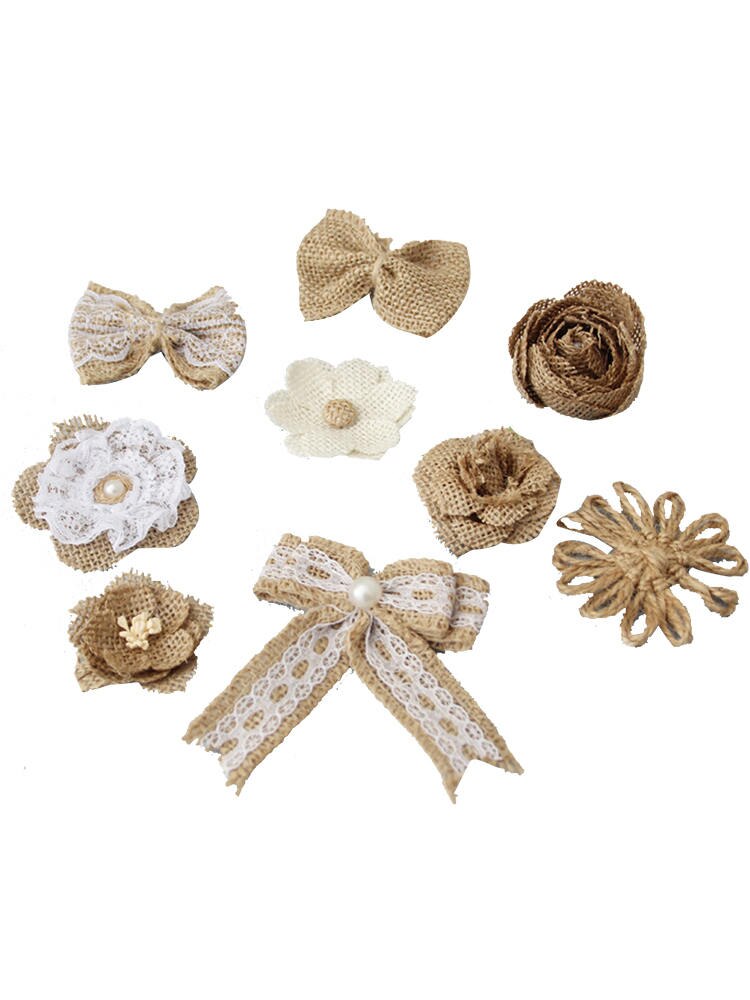 Flor de arpillera de yute hecha a mano, accesorios de ropa DIY, suministros Vintage de boda, decoración de flores, , 9 Uds.