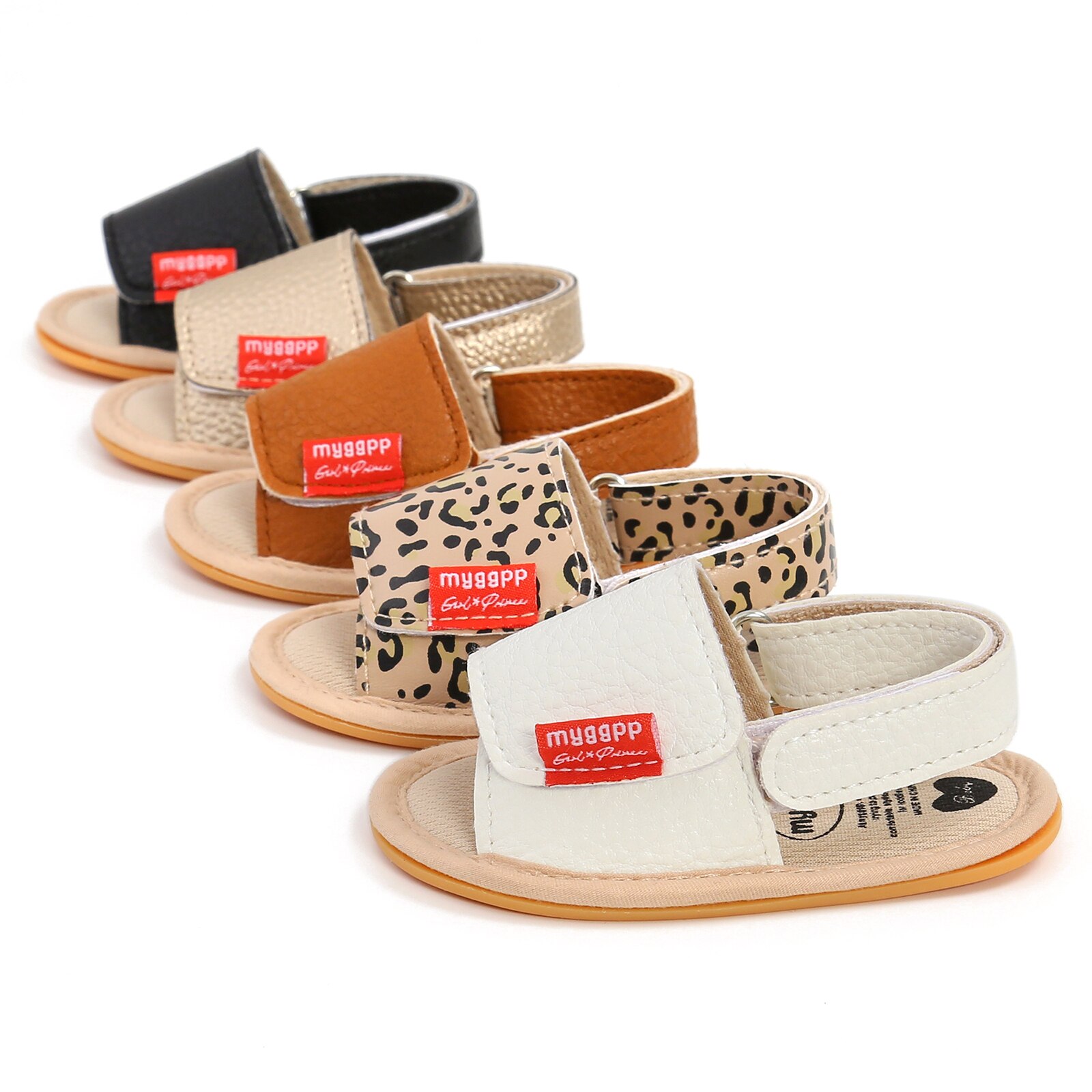 Sandales pour bébé solides/léopard, chaussures plates d'été légères antidérapantes avec fermeture à pression et boucle de talon