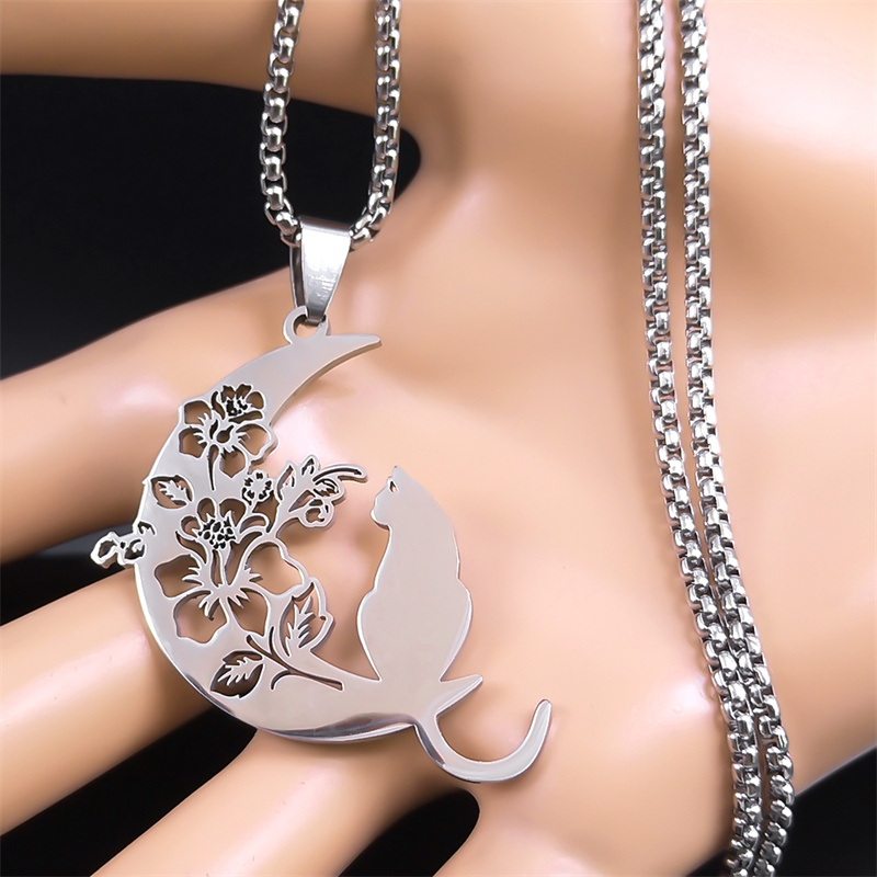 Collar estético de gato, flor, Luna y media luna para mujeres y hombres, cadena bohemia de Color plateado de acero inoxidable, collar de joyería de 3220