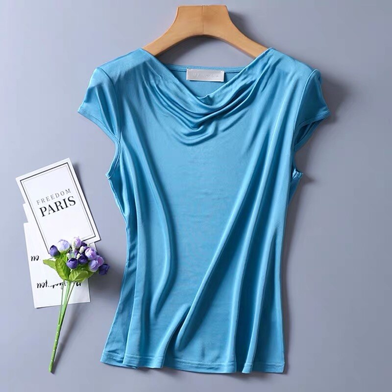 Dame #39 silke 50%  viskosestrik t-shirts s 50%  draperet halsudskæring top 8 farver m -2xl sj305: Xxl / Blå