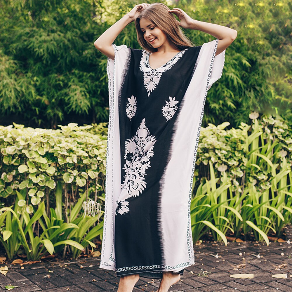 Bohemian Strand Jurk Plus Size Print Beach Cover Up Lange Katoenen Tuniek Batwing Mouw Sarong Vintage Beachwear