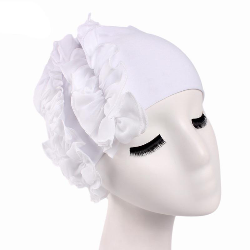 Frauen Muslimischen Rüschen Blume Turban Motorhaube Hütte Bandana Chemo Kappen wickeln Kopftuch: Weiß