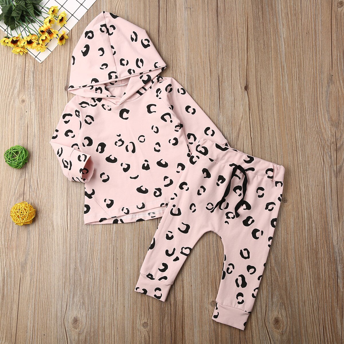 Baby Frühling Herbst Kleidung Leoparden Säuglings Baby Mädchen Kleidung Lang Hülse Mit Kapuze Spitzen + Gamaschen Hosen 2Stck Outfits trainingsanzug