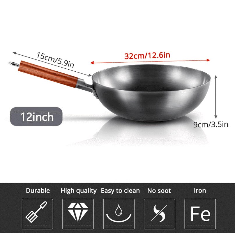 Låda kinesisk järn wok traditionell handgjord järn wok non-stick pan icke-beläggning induktion och gaskokare köksredskap