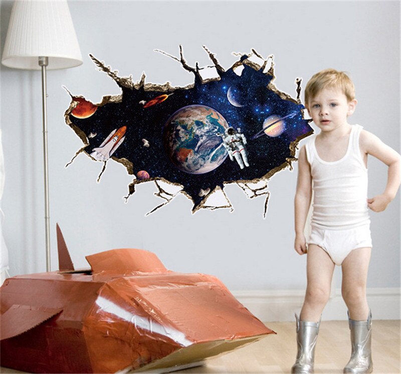 Astronauter børnehave stue soveværelse baggrund solsystem væg klistermærker til børneværelser ydre rum 3d effekt vægoverføringsbilleder: Hm1 sk 9066a