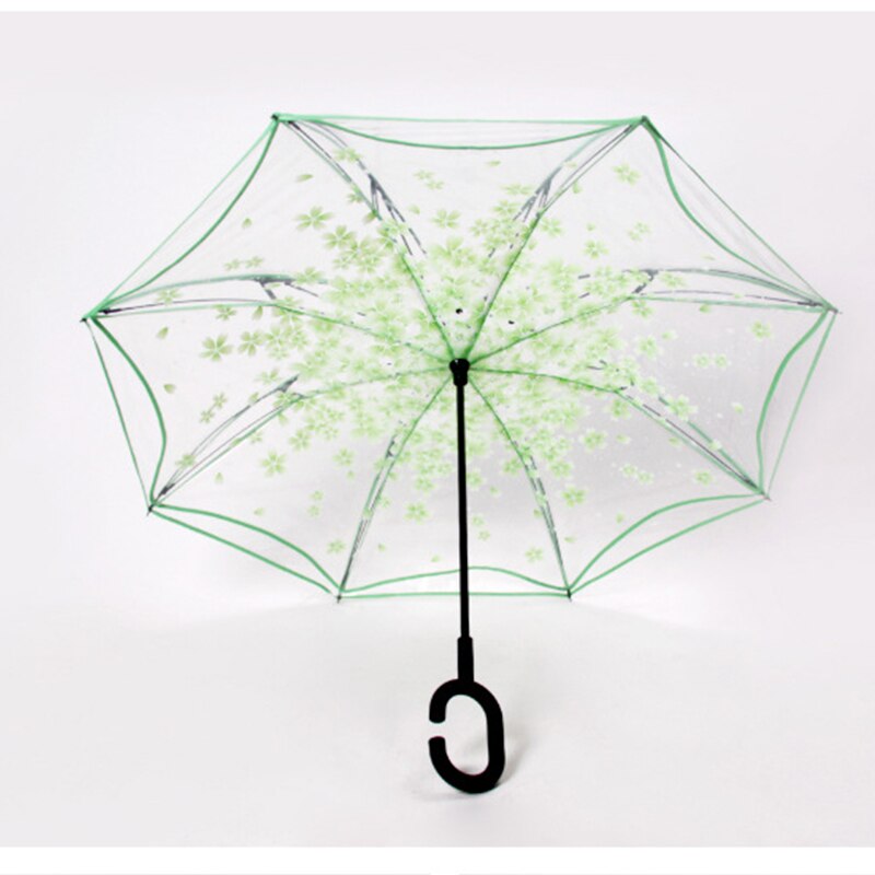 Ombrello trasparente inverso doppio strato invertito antivento manico C ombrelli da pioggia antivento per donna equipaggiamento da pioggia: verde 1