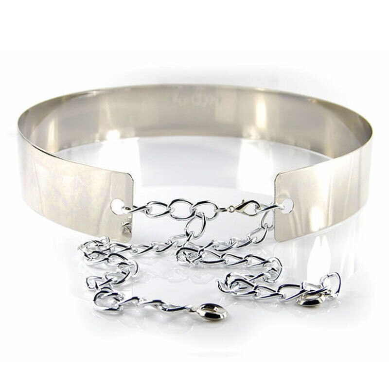 Womens Gold Plate Full Metal Mirror Waist Belt Metallic With Chains Belt: Silver / 3cm