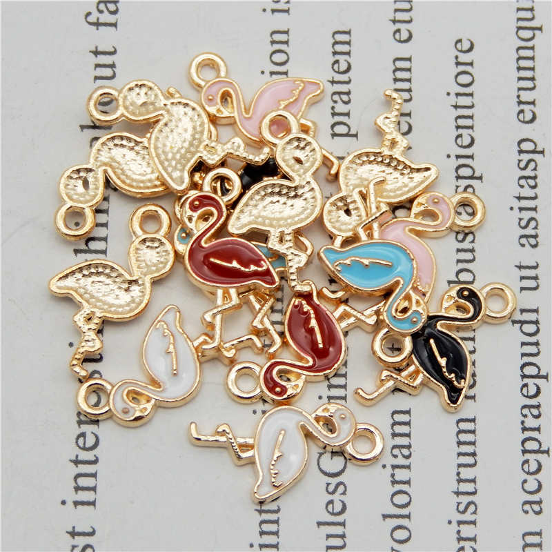 Julie Wang 10PCS Enamel Flamingo Charms Mixed 5 Colors Small Bird Animal Pendants Alloy Gold Tone Jewelry Making Accessory