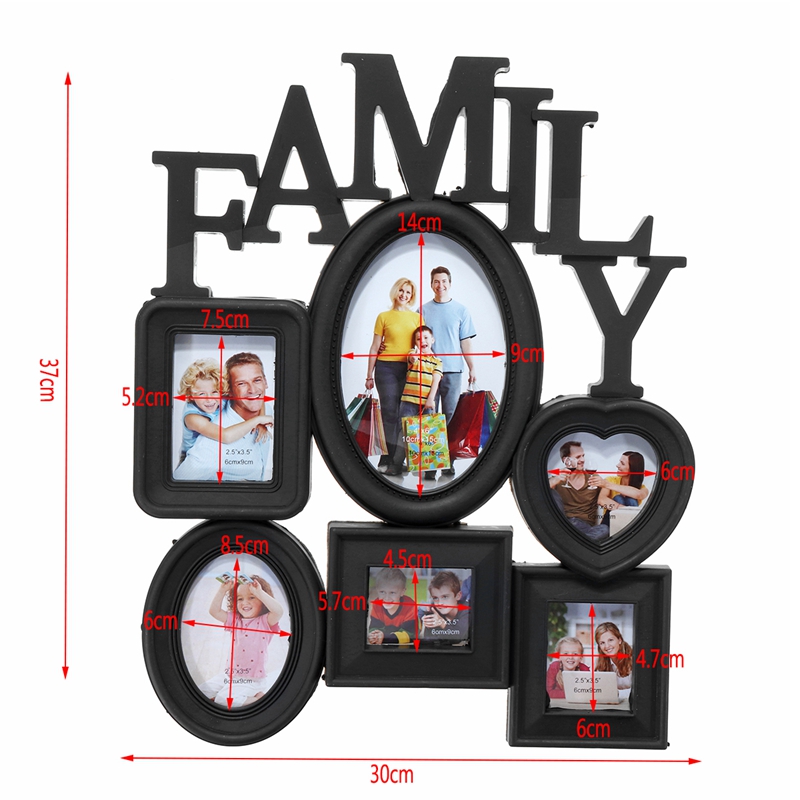 Family Photo Frame Wall Hanging 6 Multi-Sized Pictures Holder Display Home Decor 30X37Cm Back Side with Pull Tabs- Blac