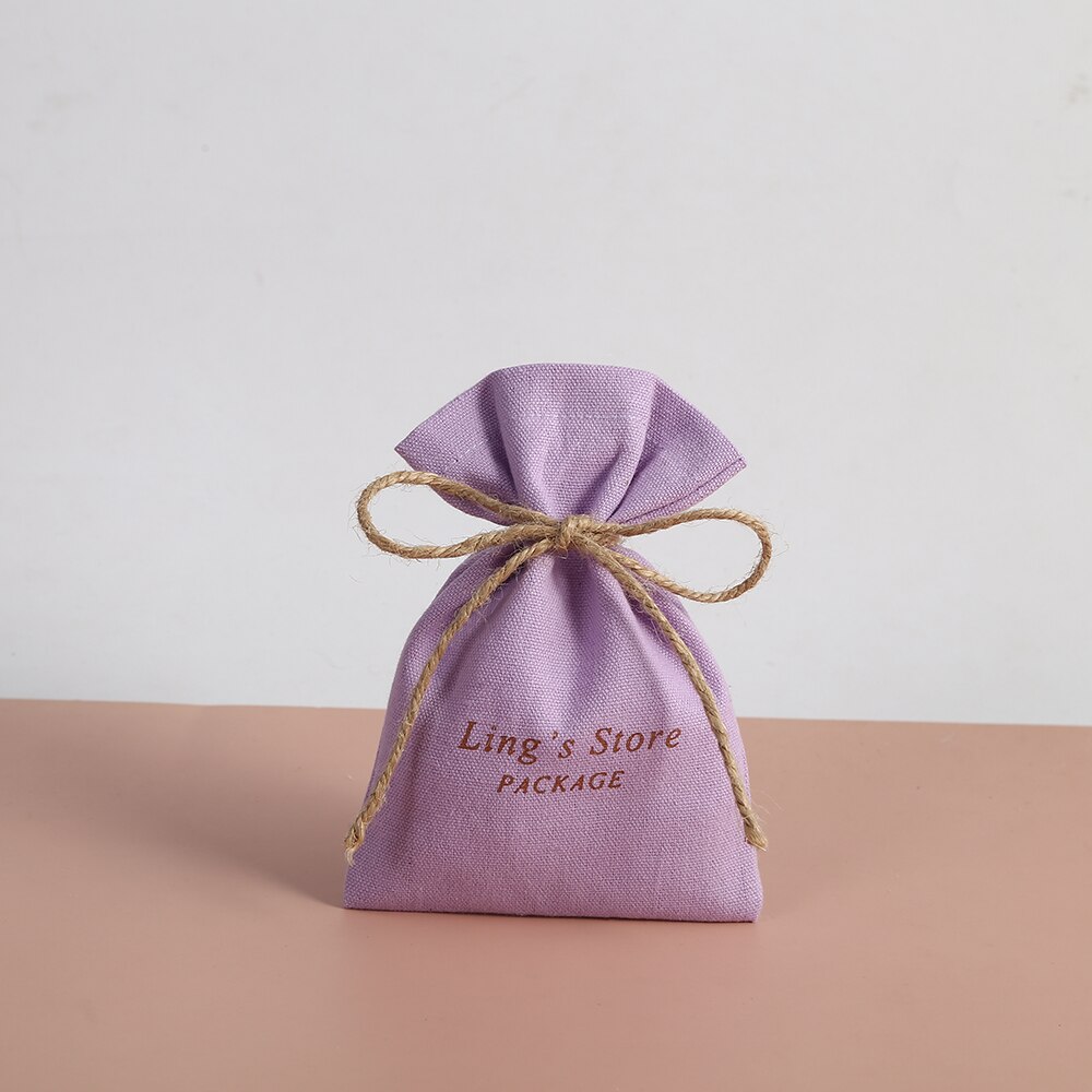 50pcs Drawstring Cotton Burlap Bucket Jewelry Bag Pouch Fit For Wedding Candy Small Pouch Eyelashes Makeup Jewelry Sachet: Purple With Logo / 15cmx20cm