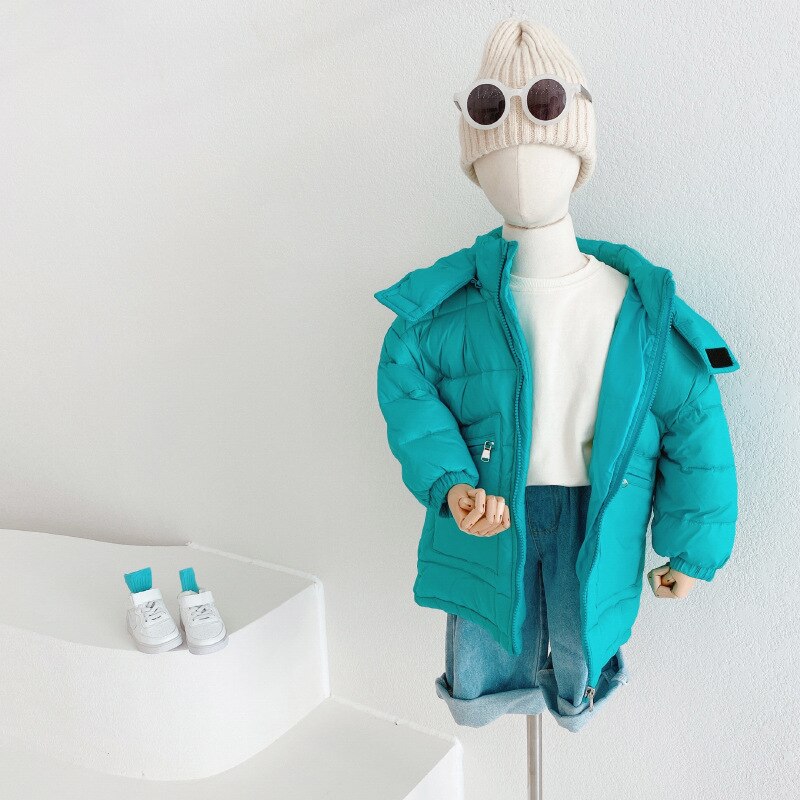 Wintermeisjes warme dikke capuchon donsjacks lange winddicht effen kleur dikkere bovenkleding: Meerblauw / 4t