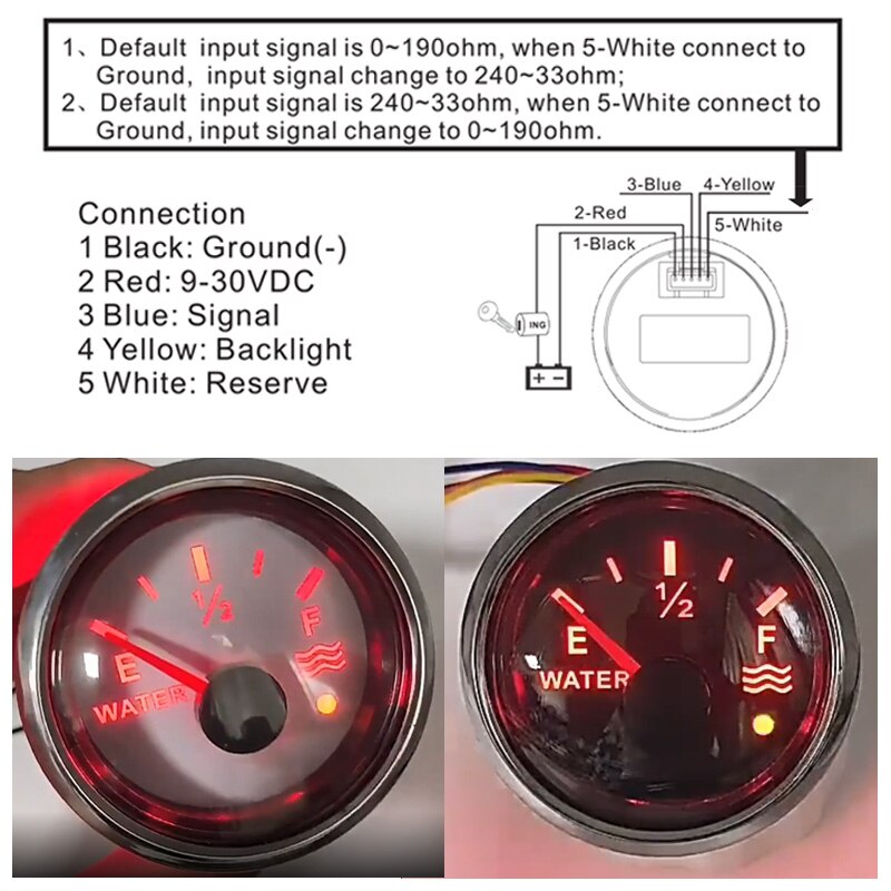 52mm Digital Fuel Level Indicator 0-190ohm Sensor 150 200 300 450 Mm Water Level Gauge With Low Warning Light Fuel Gauge