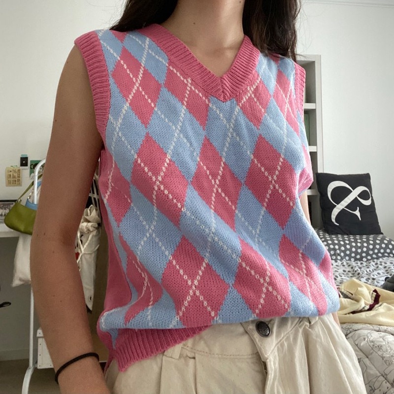 Muyogrt Vintage Argyle Sweater Vest Casual Tank Tops Pullover Elasticity Sweater Autumn Women Sleeveless V-Neck Knitted Vest: Pink / M