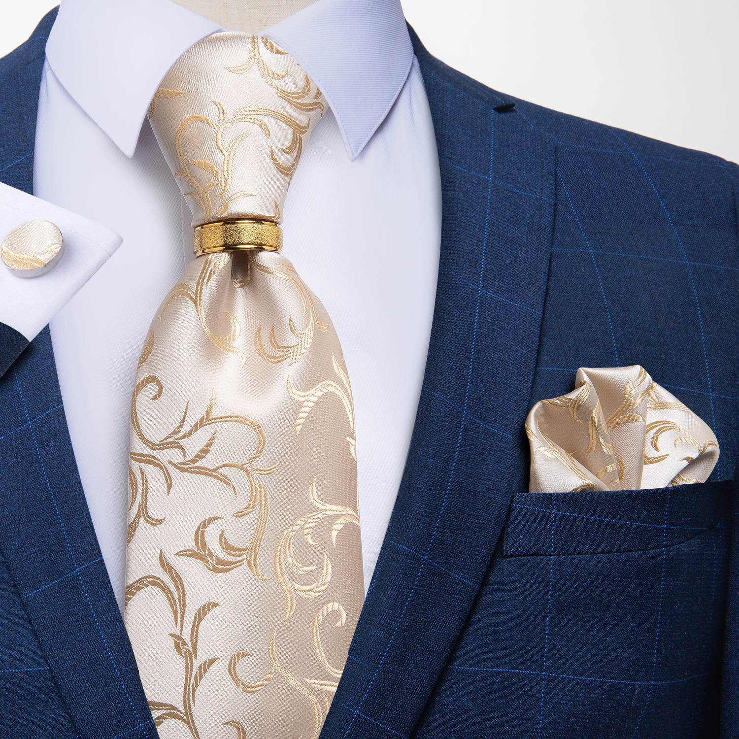 Corbata para hombre con anillo de Metal de Color dorado, conjunto de corbata de 8cm a la , pañuelo, gemelos, accesorios para de boda y negocios, para hombre: Negro