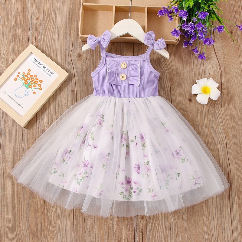 Abiti da festa per bambina Midi increspati Patchwork stampato floreale senza schienale senza maniche con stampa floreale: Viola / 18m