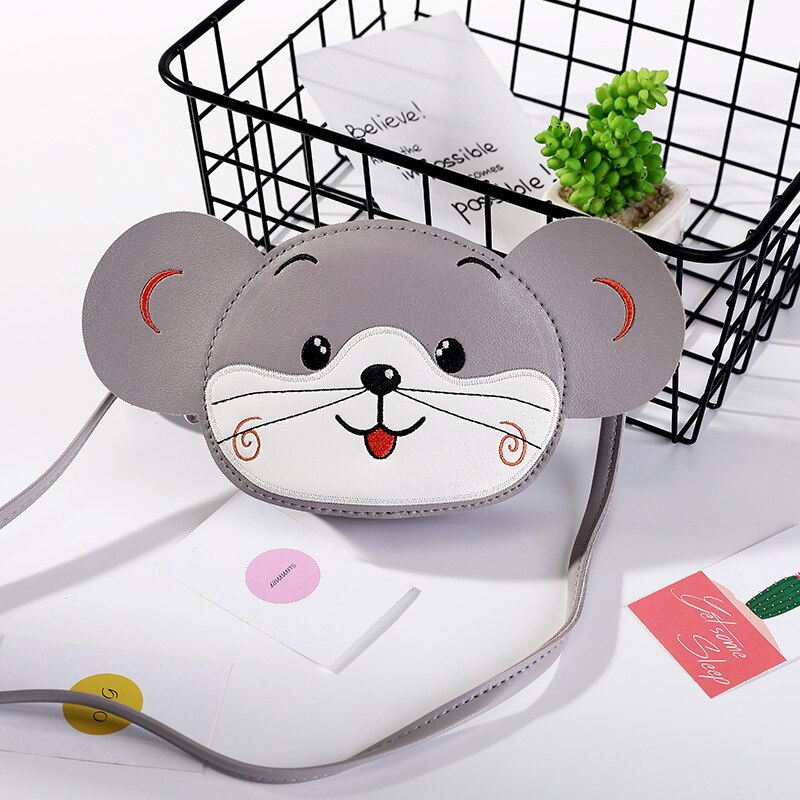 Korean Cute Kids Cat Crossbody Bag Cartoon Baby Girl Toddler Mini PU Messenger Bags Shoulder Bag: Grey mouse