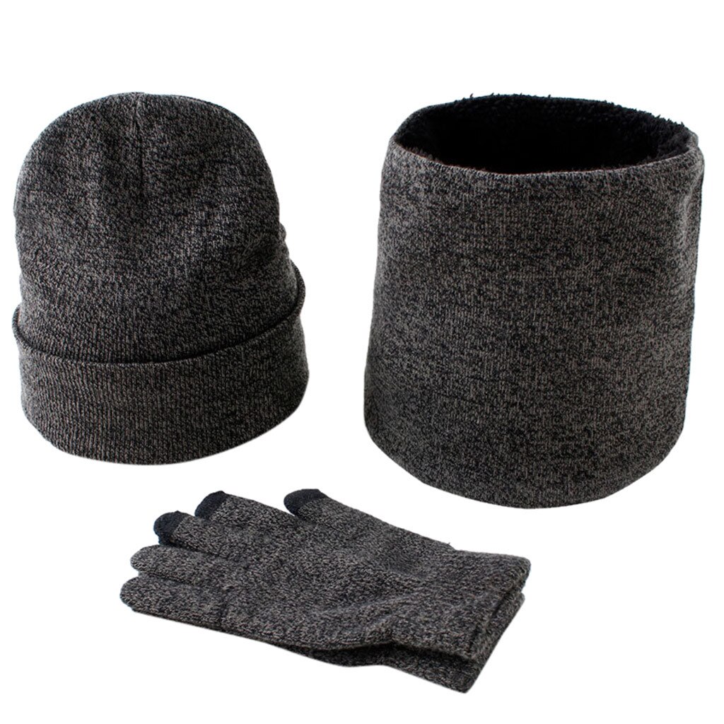 3 pièces ensemble de gants écharpe MenHat bonnet czapka i komin tricotin шаска караром casquette en tricot d'hiver coupe-vent épais chapeau écharpe ensemble # D: Gray