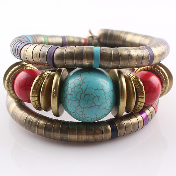 YUZHEJIE Jewelry Tibetan Antique Bronze Snake Bracelet Resin Inlay Roundness Bead Flexible Bracelet Bangles for women: A