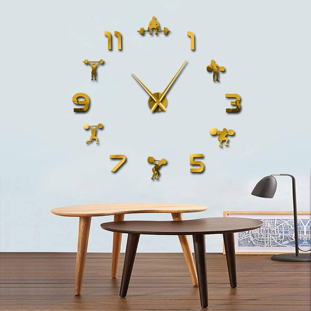 Gewichtheben Fitness DIY Riesen Uhr Fitnessstudio Zauberstab Aufkleber Uhr 3D Luxus Wanduhr Kreative Zauberstab Kunst Dekor Für Fitnessstudio: Gold / 37Zoll