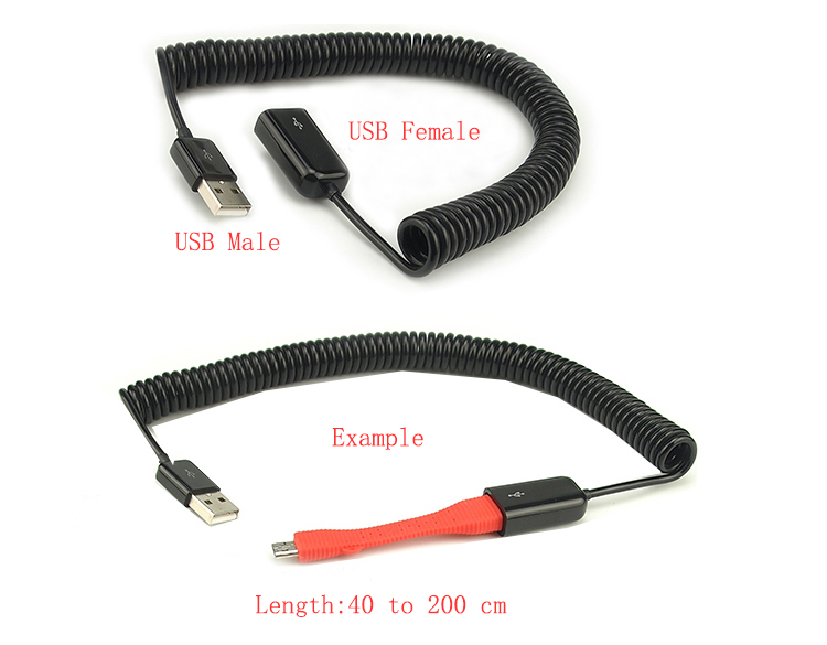 2 M elleboog Lente Coiled USB 2.0 Man-vrouw Data Sync Charger Verlengkabel