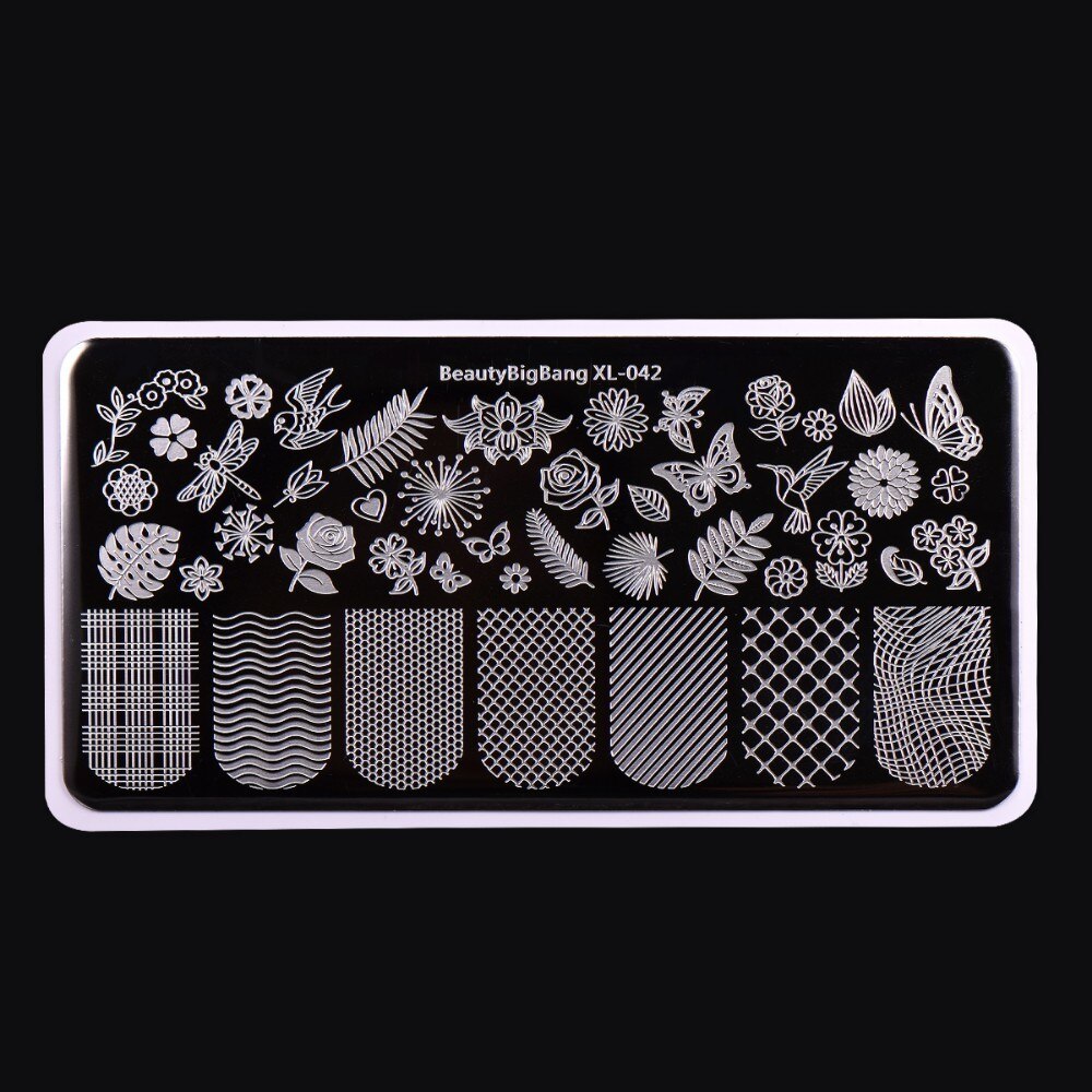 Beautybigbang Nail Art Stamping Plate Stainless Steel 12cm Butterfly Flower Plaid Bird Image Nail Stamping Template Mold XL-042