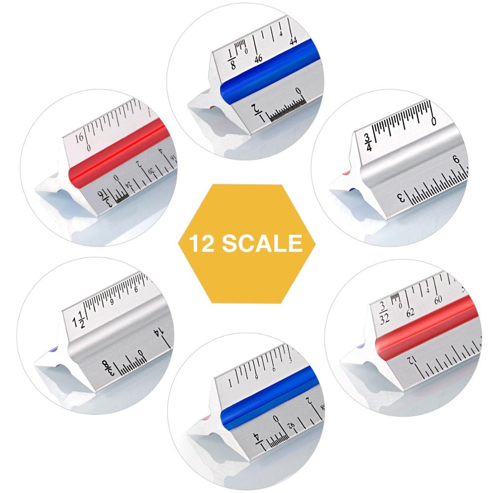12 Inch Triangular Architect Scale Aluminum Architectural Triangle Ruler for Blueprint Drafting