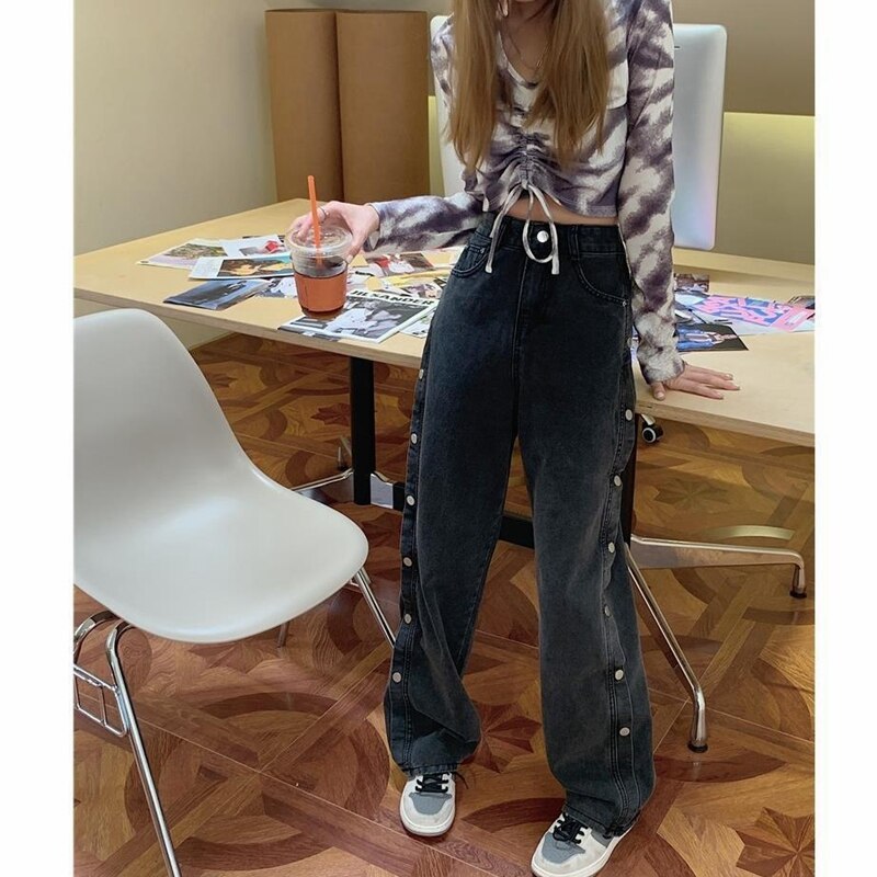 Jean Denim à jambes larges pour femme, pantalon décontracté, taille haute, droit et ample, noir et gris, Vintage, Streetwear