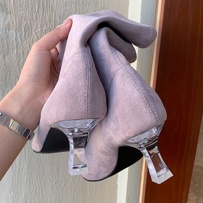 Vintertrending kvinnor plexiglas klackar mocka stövlar spetsiga tå lila sock boots aprikos mid-calf boots dam valentine skor