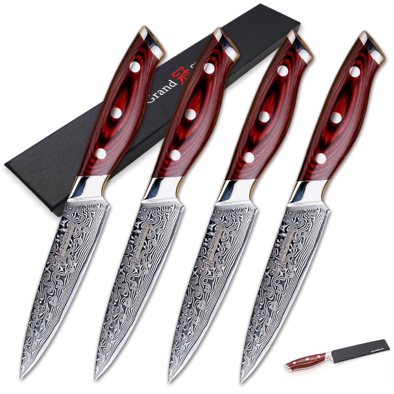 3 Stuk Koksmes Set Japanse Keukenmessen Santoku Utility Koken Butcher Gereedschap 67 Lagen Damascus Staal Rood Hout handvat
