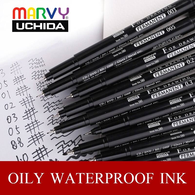 Marvy 380 markører penne 003/005/0.1/0.3/0.5/0.8/1.0/ pensel tegning liner sæt manga vandtætte komiske fineliner nåle penne
