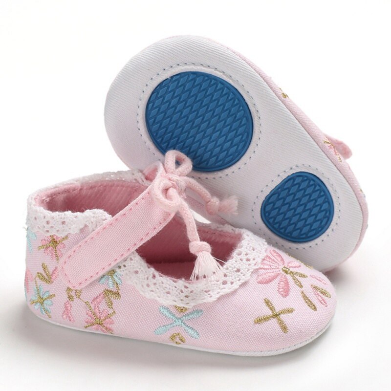 Baby Girl First Walkers Cartoon Floral Embroidery Soft Sole Baby Crib Shoes With Bowknot 0-18M