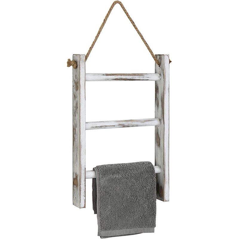 Escalera para colgar en la pared, toallero rústico de madera lavada en blanco, estante de toallas de decoración de granja con cuerda ajustable