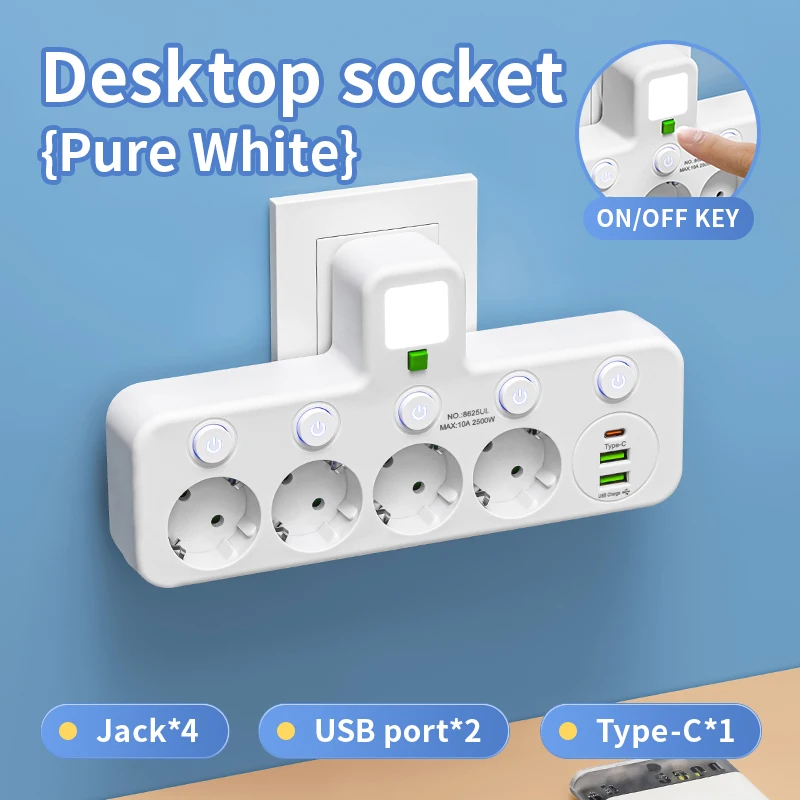 Wtyczka EU 5 gniazd Gniazdo elektryczne Bez przedłużacza z portami USB typu C Dwie specyfikacje