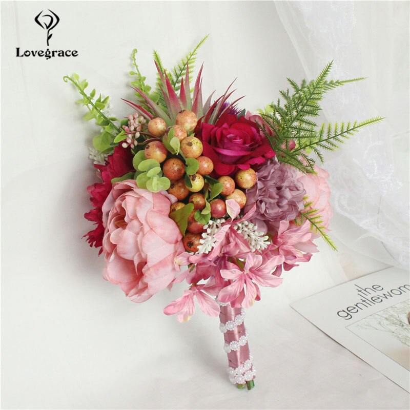 Lovegrace brude bryllup bukett brudepike haug med blomster bryllup forsyninger kunstig silke rose dahlia champagne festdekor