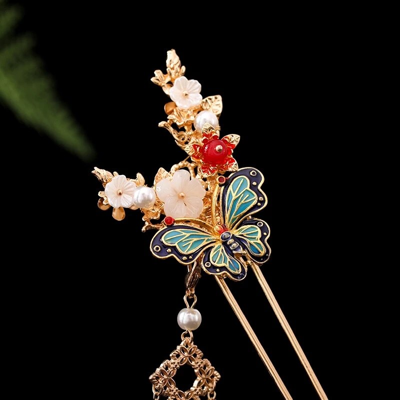 Classic Hanfu Headdress Women Female Tassel Step Shake Golden Butterfly Hairpin Bridal Rhinestone Hair Jewelry Set Accessories