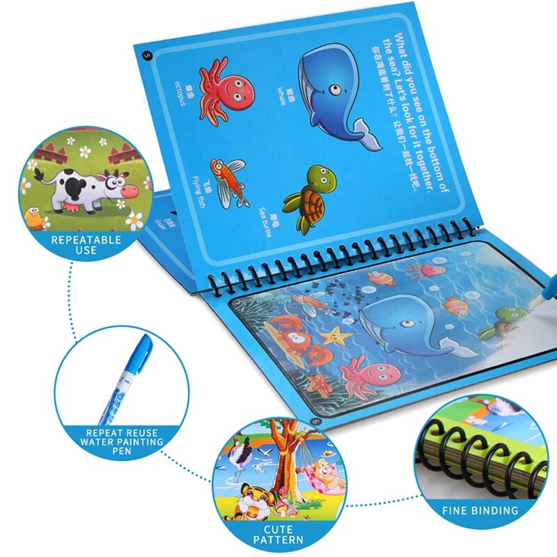 Animal Zoo Princess Magic Water Drawing Book Colorling Mermaid Cartoon Doodle Magic Pen Drawing Board Toys Kids Children