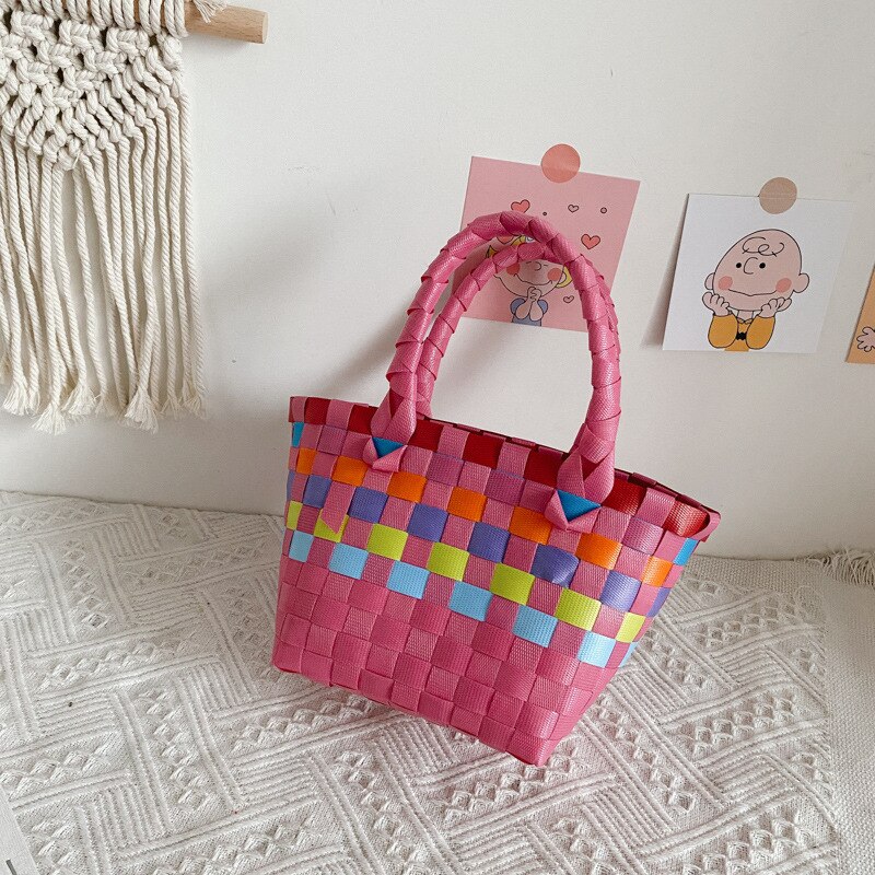 Summer Kids Straw Hand Bag Tote Woven Baby Girl Beach Handbag Toddler Boy Rattan Small Wallet Bag: Hot Pink