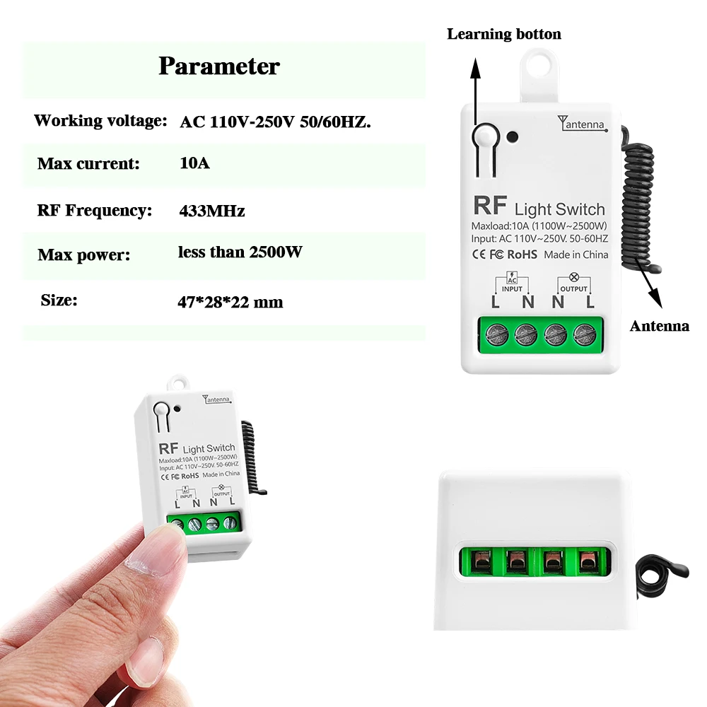 Interrupteur de lumière avec télécommande sans fil RF, AC 110V 220V 10A, relais, Mini Module de commande, transmetteur à 123 boutons pour ventilateur de lampe domestique LED